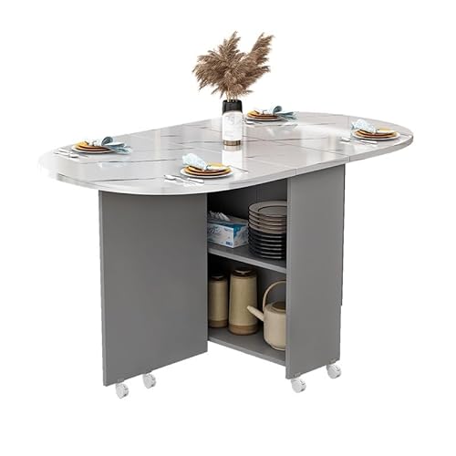 Gtzly Folding Dining Table, Dinner Table with 2-layer Storage Rack, Space Saving Foldable Table with 8 Wheels, Kitchen Table for Small Spaces(Gray,140 * 70 * 77cm)
