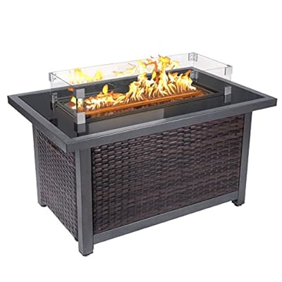 44inch Outdoor Propane Fire Pit Table, 50000 BTU Auto-Ignition Wicker Rattan Patio Gas Fire Pit with Wind Guard, Tempered Glass Tabletop and Glass Beads, ETL Certification, Brown