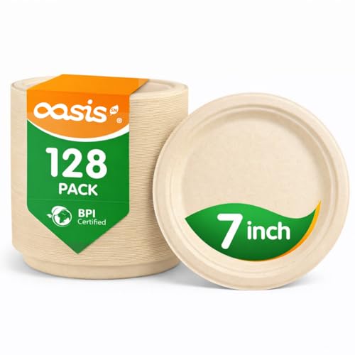 OasisSN 7 Inch 128 Pack Compostable Disposable Paper Plates Heavy Duty Sugarcane Bagasse Plates Biodegradable Eco-Friendly for Snacks & Parties Unbleached Natural