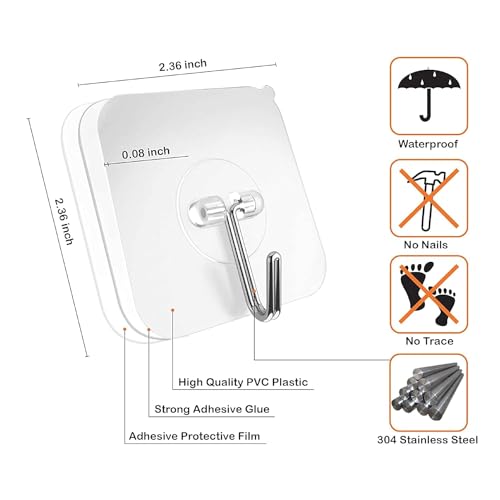 Image of Onesta Self Adhesive Wall Hooks for Hanging Heavy Items 10 PCS | Heavy Duty Transparent Sticky Hooks | Waterproof Wall Hangers | No Drill No Nail Multipurpose Hooks for Kitchen Bathroom Home & Office