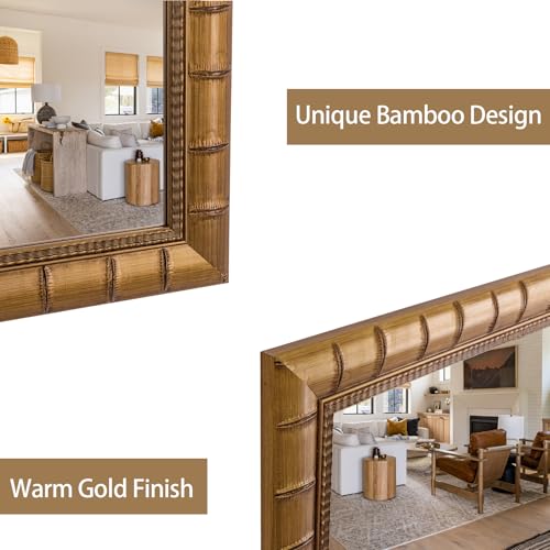 Image of Vintage Warm Gold Mirror, 39'' x 27'' Solid Wood Mirror Frame with Vintage Bamboo Design, Decorative Mirrors for Living Room, Bathroom, Bedroom, Entryway, Fireplace, Horizontal /Vertical