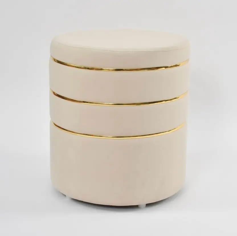 Image of White Velvet Ottoman Stool with Gold Accent Rings, Round Foot Rest Stool, Vanity Chair, Small Accent Seat for Living Room, Bedroom & Makeup Room