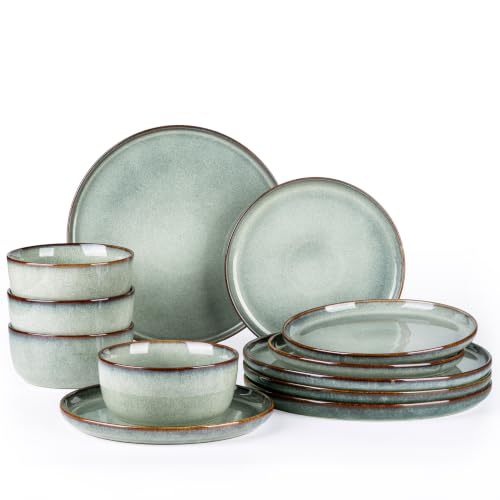 Image of GBHOME Ceramic Dinnerware Sets for 4, 12 Pieces Stoneware Plates and Bowls Sets, Scratch Resistant Dishes, Dishwasher & Microwave Safe, Reactive Glaze
