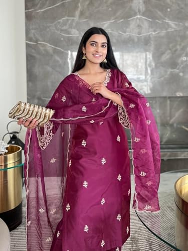 Image of Royal Export Women's Kurta Set | Viscose Silk Floral Embroidered Straight Kurta Pant Dupatta Set Kurta Sets for Women | Ladies Kurta Set