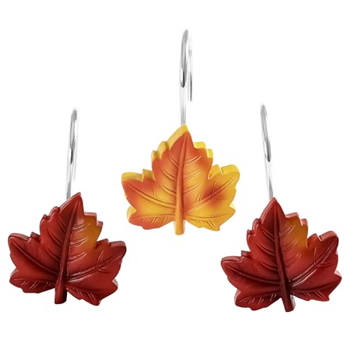 Gibelle 12PCS Maple Leaf Shower Curtain Hooks Orange Red Decorative Leaves Fall Shower Curtain Hooks Metal Rustproof Cute Autumn Fall Leaves Shower Curtain Rings Bathroom Decoration Accessories