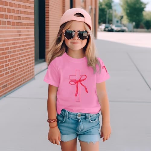 Image of Girls Cute Christian Shirts Kids Pink Bow Shirt Jesus God Faith Tshirts Aesthetic Cross Bible Verse Graphic Tee Tops