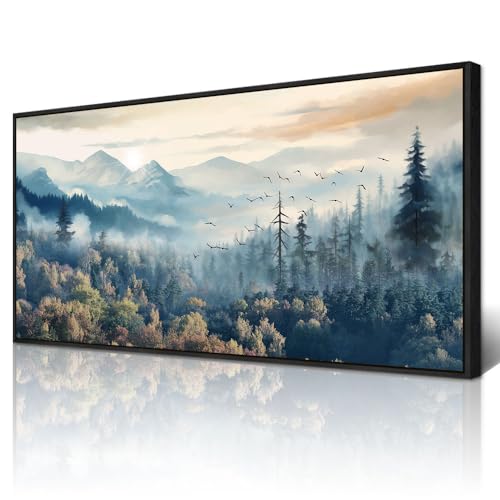 Wapluam Large Canvas Wall Art For Living Room, Black Framed Wall Decor Foggy Forest Trees Landscape Ready To Hang