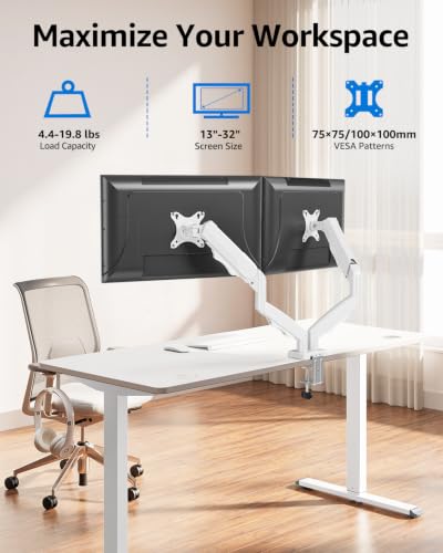 Image of MOUNTUP Dual Monitor Stand for Desk, Monitor Arms for 2 Monitors Max 32 Inches, Height Adjustable Double Monitor Mount, VESA Mount with C-Clamp & Grommet Base, Holds 4.4-17.6lbs, White