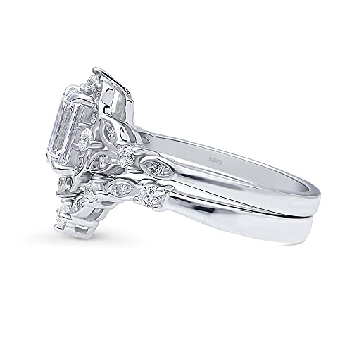 BERRICLE Sterling Silver Halo Wedding Engagement Rings Step Emerald Cut Cubic Zirconia CZ Wishbone Ring Set for Women, Rhodium Plated Size 4-103