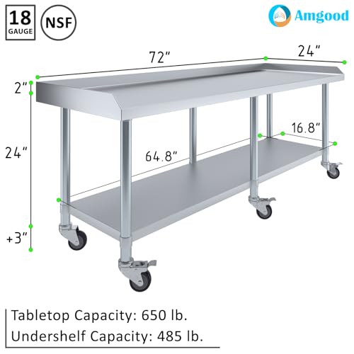Image of AmGood Stainless Steel Equipment Stand with Undershelf + Casters, Heavy Duty, Commercial Grade, NSF Certified (24 inch Width x 72 inch Length + Casters)