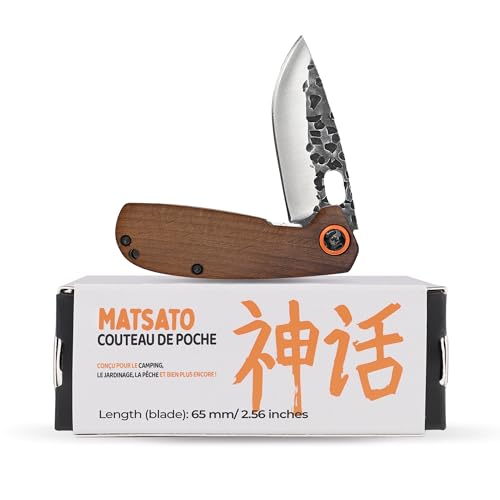 Matsato Couteau Pliant de Poche – Couteau Randonnée et Camping, Acier Inoxydable, Manche Bois, Idée Cadeau