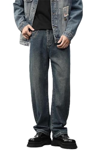 Men Youth Vintage Blue Knife-Cut Wide Leg Jeans Mid Rise Loose Comfort with Zipper Fly for Casual Everyday