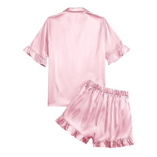 Umenlele Women's Satin Silky Collar V Neck Ruffle Short Sleeve Top and Shorts Sleepwear PJs Pajamas Set2