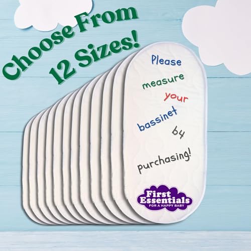 First Essentials Baby Bassinet Mattress Pad (Oval, 13X29) for Newborn Comfort Breathable Easy Clean Hypoallergenic Waterproof Made in USA