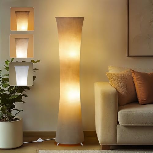 GyroVu 46" Modern Floor Lamps for Living Room, LED Column Standing Floor Lamp with Color Temperature Adjustable & Gray Fabric Lampshade for Corner, Bedroom, Office & Kid's Room - Bulbs Included