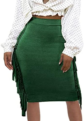 UEOIOW Midi Skirts for Women High Waisted Fringe Skirt Tassels Side Bodycon Pencil Skirt Clubwear M Dark Green