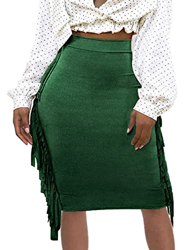 Ueoiow Midi Skirts For Women High Waisted Fringe Skirt Tassels Side Bodycon Pencil Skirt Clubwear M Dark Green #TOP1