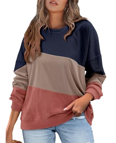 KISSMODA Womens Casual Long Sleeve Sweatshirts Color Block/Solid Tops Corduroy Crewneck Tunic Pullover with Pockets