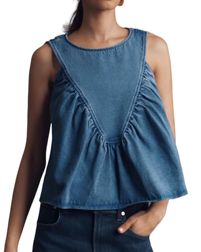 Womens Peplum Babydoll Denim Tops Casual Summer Sleeveless Flowy Jean Tops Loose Shirred Swing Tank Tops