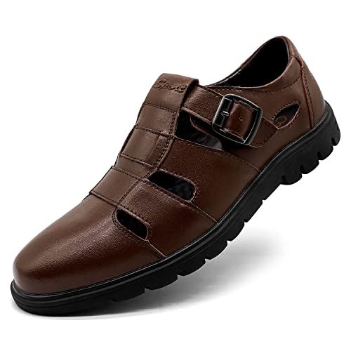 CMM Men's Closed-Toe Leather Strap Business Sandal Cool Beach Sandals Plus Size