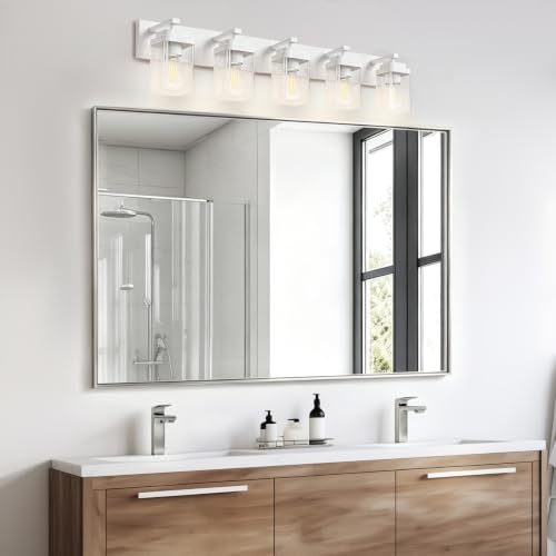 Image of White Bathroom Light Fixtures, 5 Lights Bathroom Lighting Fixtures Over Mirror, Square Design & Rectangle Large Backplate, Modern Vanity Lighting Fixtures, for Bathroom /Living Room /Bedroom