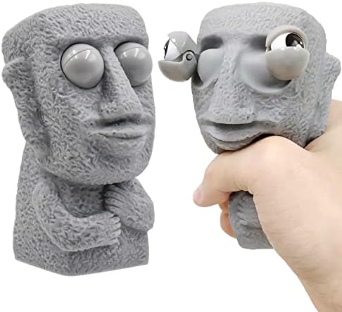 HOONDONI Moai Squeeze Toys,Eye Popping Stress Relief Hand Fidget Sensory Toy,Rock Man with Pop Out Eyes Ideal Party Favor Anti-Anxiety Office Desk Squishy Toys, Grey
