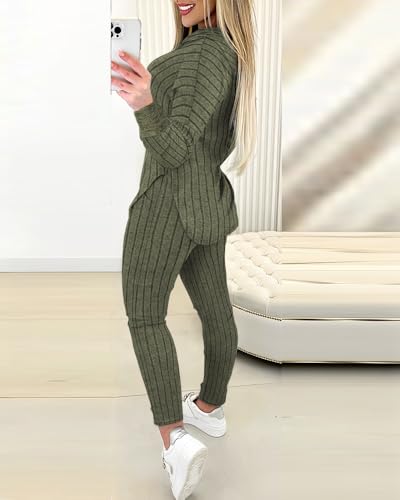 CHICME 2025 2 Piece Outfits for Women Ribbed Long Sleeve Shirt Pullover and Skinny Pants Set Lounge Set2
