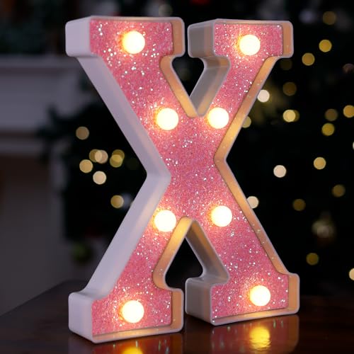 Image of LED Letter Lights Pink Glitter Marquee Letters Light Up Alphabet Letters Sign Battery Powered for Home Party Decoration Night Bar Wedding Birthday Christmas Lamp Girls Gift - Letter X