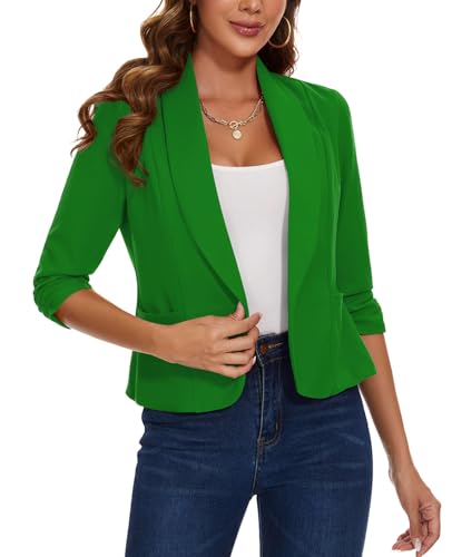 Image of LADI TREND Cropped Blazer for Women 3/4 Ruched Sleeve Lapel Suit Open Front Tailored Jacket (Green M)