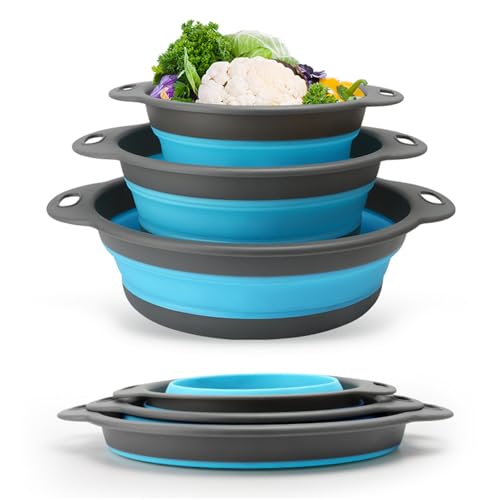 Surwin 3pc Colador de Cocina, Cocina Plegable Colador de Silicona, Colador de Silicona de Portátil, Escurridor Pasta para Frutas Verduras (Azul)