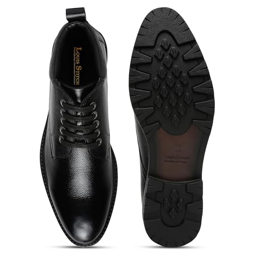 Image of LOUIS STITCH Chukka Boot for Men | High Ankle Italian Leather Boot | Handcrafted | Hiking and Biking Shoes | Brogue Style Lace-up Boot | Mens Formal Boot |Black |(BT-WBNDCKBGJB)