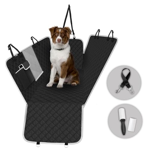 Funda Coche Perro. Protector Coche Perros Asiento Trasero, Cubre Asientos Mascotas Impermeable, Antideslizante y Ajustable. Incluye Cinturón de Seguridad y 2 Rollos Quitapelos. 130cm Ancho Color Negro