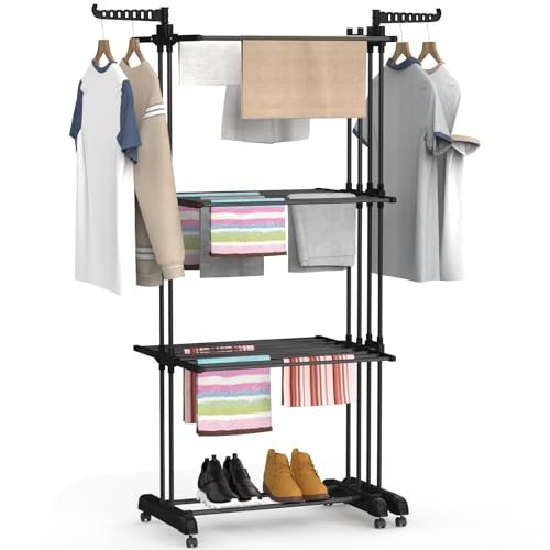 Soontrans Tendedero para ahorrar espacio, 130 cm × 50 cm × 170 cm, tendedero plegable con ruedas, 2 alas laterales, torre de fácil montaje, tendedero torre para interior y exterior, color negro