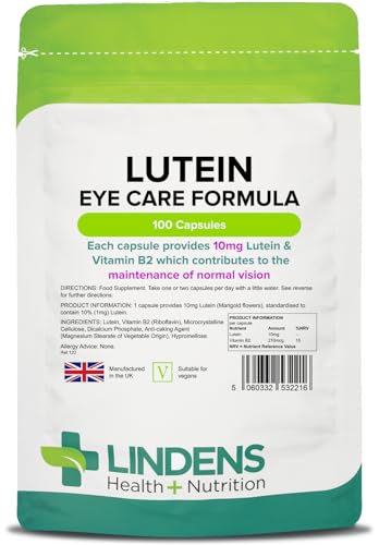 Lindens - Lutein 10mg, 100 Capsules - UK Made - Marigold Extract with Vitamin B2 - Vision & Eye Health, Standardised Potent Extract - Letterbox Friendly - Vegan