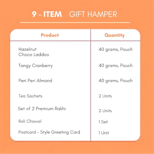 Image of Rakhi Gift Hamper, 9 Items, Raksha Bandhan Gift for Brother, Dry Fruits, Healthy Snacks, Herbal Tea, Roli Chawal, Greeting Card & Decorative Gift Box, Premium Gift Hamper Set