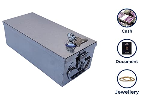 Image of Stainless Steel Bank Locker Box, Cash Drawer, Jewellery Storage Container Cash Box Size - 12 Inch (L-31cm, W-13cm, H-9.5cm)(With Pre fited Lock & 2 Key)