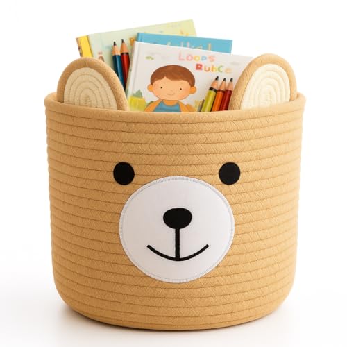 Image of Saiiwnn Bear Basket for Nursery, Baby Shower Basket, Baby Baskets for Storage, Laundry Hamper, Storage Baskets for Children Kids Toy Plant Gift Indoor Corner 10" D x 8" H (Light Khaki)