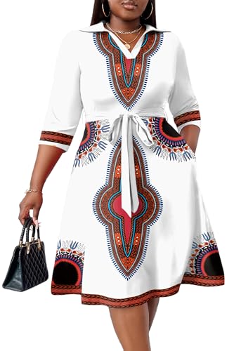 Image of FANDEE Plus Size Midi Dress for Women - Printing Summer Dresses for Wedding Guest Cocktail Party 3 /4 Sleeve V Neck(L-5XL)