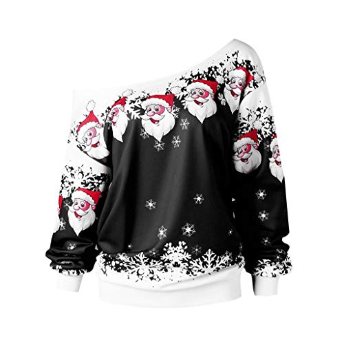 Preisvergleich Produktbild LILICAT Damen Weihnachten Sweatshirt Skew Neck Oberseiten Jumper Pullover Sweater Weihnachtsmann Print Oberteile Langarm Oversize Bluse Tunika Winterpullover Baumwoll Warm Tops
