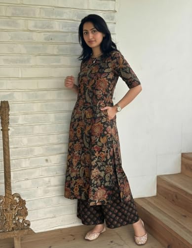 Image of ANNI Designer Women's Rayon Viscose Straight Printed Kurta with Palazzo | Elbow Length Sleeve Kurti Set | Close Neck with Back Slit | Soft Comfortable Fabric | 2 Piece Outfit