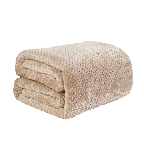 Dreamscene Fleece Blanket Beige Throw, Soft Cosy Warm Honeycomb Waffle Mink Faux Fur Throws Lightweight Fluffy Bed Throw King Size Winter Throw Blanket, 200 x 240cm
