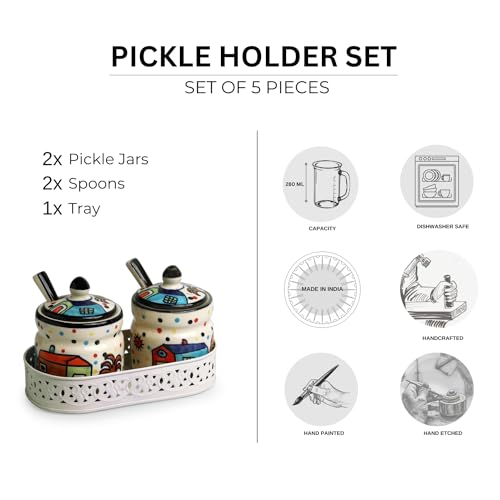 Image of ExclusiveLane 'The Hut' Ceramic Pickle Jars for Dining Table Ceramic Container With Spoons & Iron Tray(Non Air-Tight,Set Of 2,280 ml)|Ceramic Jars for Kitchen Storage Pickle Jar for Storage,Multicolor