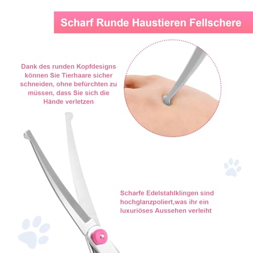 Jostift Hunde Scheren, Gebogene Schere Hund Fellschere Für Hunde und Katzen, Profi Runder Grooming Hundeschere, Edelstahl Fellschere Hundepflege-Schere für Katze und Anderen Haustieren, Rosa