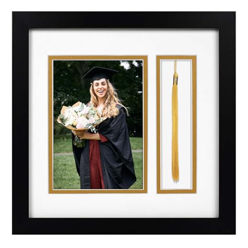 Golden State Art 10x10 Graduation Frame with Real Glass - Fits 5x7 Photo & Tassel - Double Mat (Whire Over Gold) Signature Collection - Diploma Frame with Tassel Holder for Wall Display