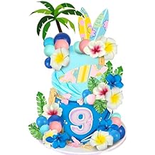 Summer Cake Toppers Pink Blue Cake Decorations with Flower Coconut Tree Surfboard for Tropical Hawaiian Beach Luau Themed Decorations Supplies