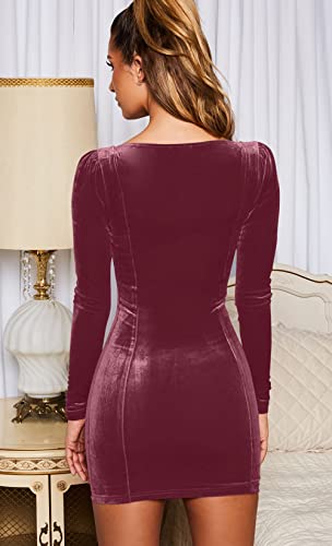 GOBLES Womens Sexy Velvet Long Sleeve Bodycon Elegant Mini Party Dress Dark Pink - Thumbnail 2