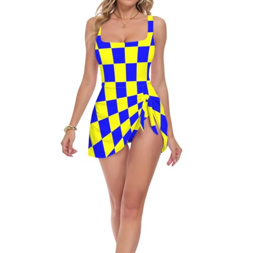 Maillot de bain une pièce femme écossais bleu jaune avec double bretelles fines