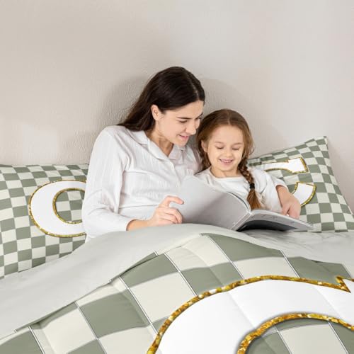 Image of Erosebridal Sage Green Checkered Kids Comforter Sets Plaid Initial C Toddler Bedding Set for Adults Personalized Monogram Comforter Set,Fashion Grids Gingham Quilt Duvet 2 Pcs