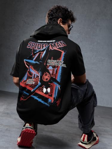 Image of The Souled Store Official Spider-Man: Saving The Spider-Verse Mens Regular Fit Half Sleeve Graphic Printed Cotton Black Color Hooded T-Shirt Men's T-Shirts Graphic Tees Casual Fashion