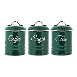 Innoteck Essentials Tea, Coffee, Sugar, Canister Set – Decorative Kitchen Food Storage – Easy to Open Airtight Lids – Storage Tin for Your Favorite Tea, Sugar, and Coffee – Set of 3 Canisters Green